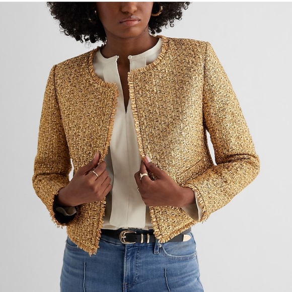 Express Metallic Tweed Fringe Trim Jacket Blazer Open Front Gold Shimmer New XS